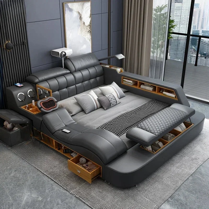 Girl Nordic Aesthetic Double Bed Storage Multifonction Modern King Double Bed Leather Smart Cama Matrimonial Bedroom Furniture