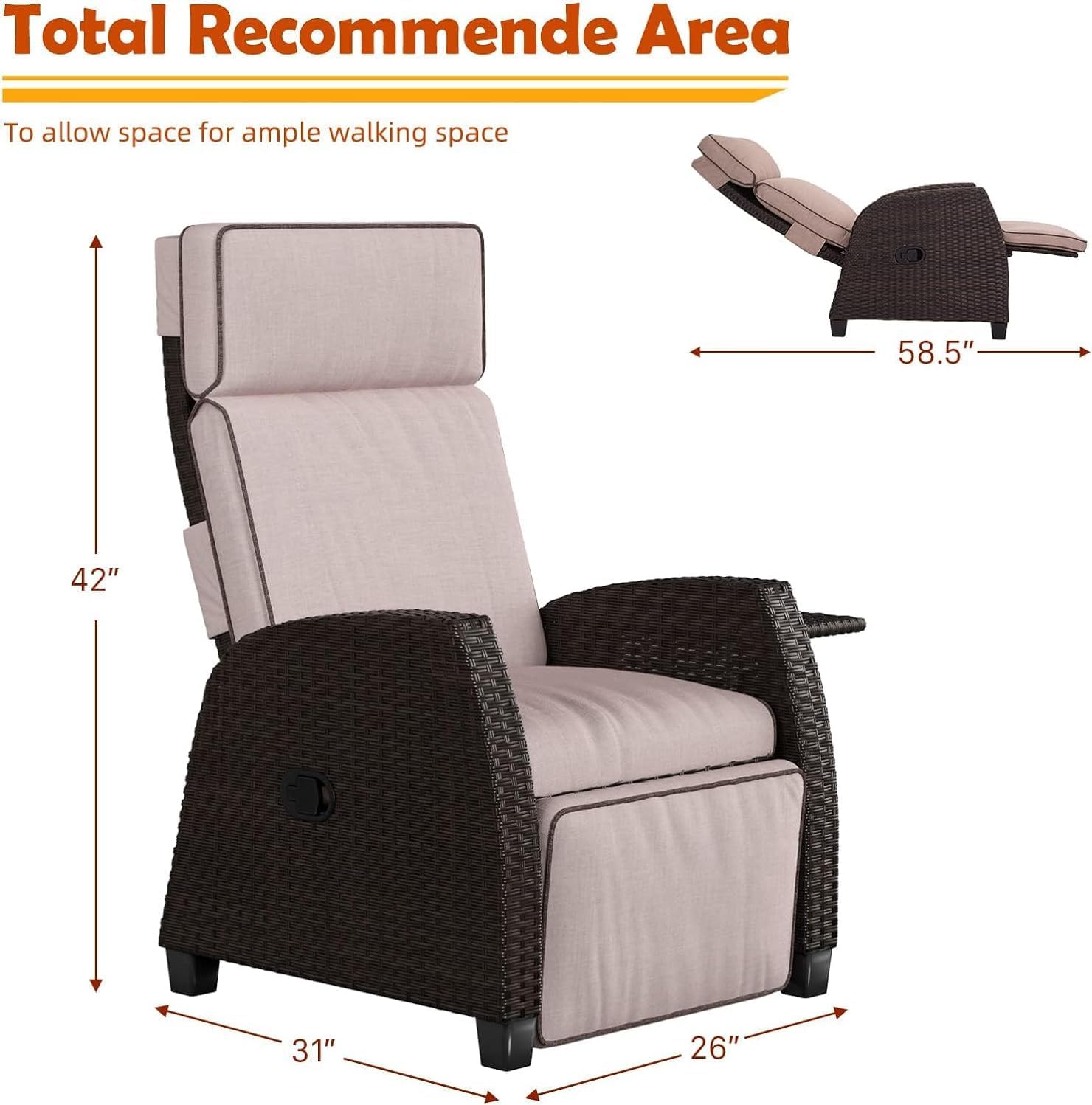 Yangming Patio Reclining Adjustable Lounge Chair with Hand-Woven Wicker, Rust-Resistant Frames, and Thick Cushion for Indoor & Outdoor, Beige