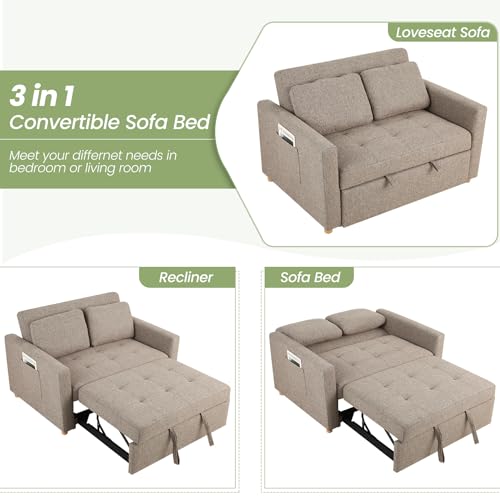 SEJOV 3-in-1 Convertible Sofa Bed, Linen Fabric Sleeper Couch Pull Out Bed, 49" 2-Seater Loveseat Futon Sofa with Spring Support