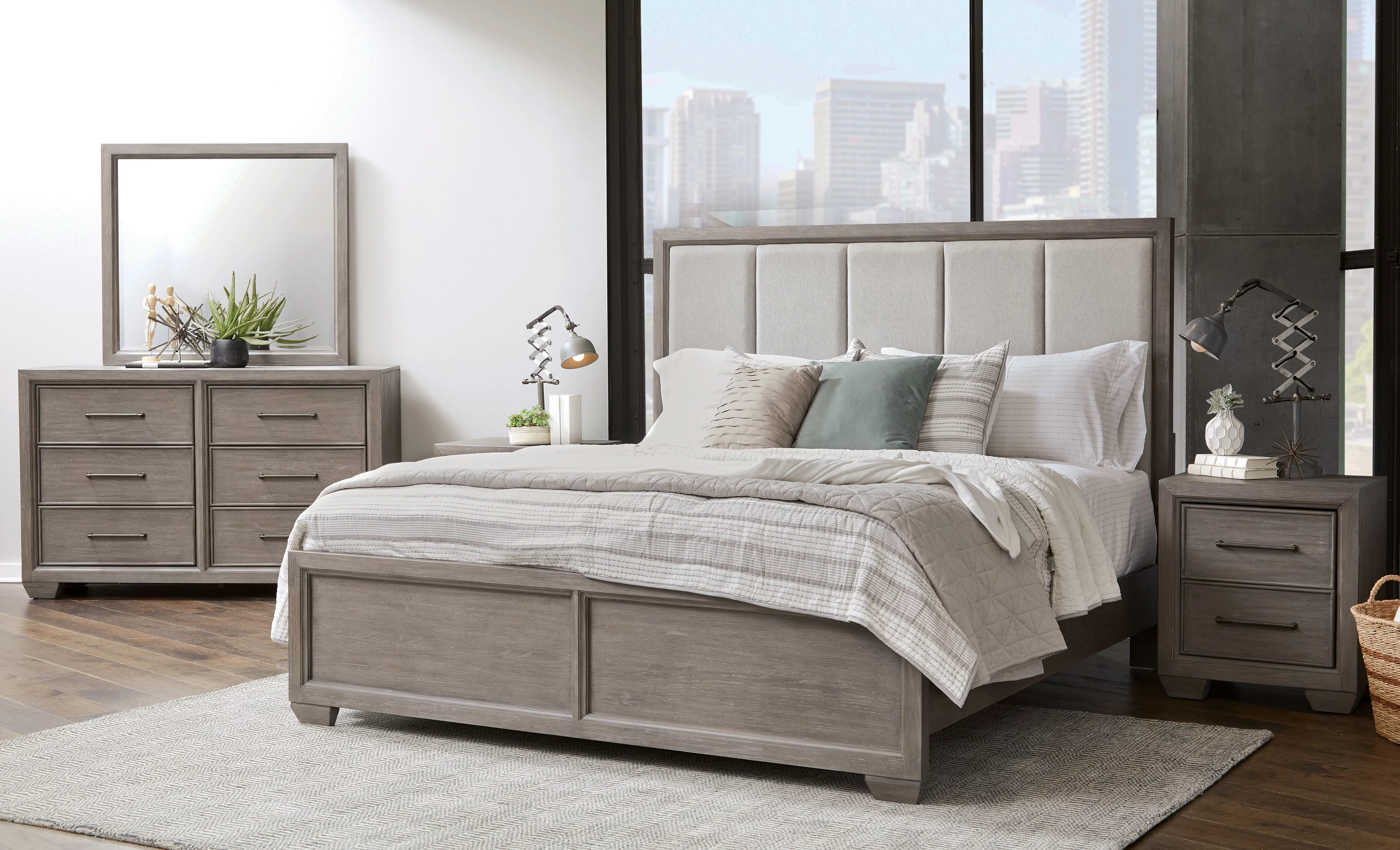 Ennesley Gray Wood Bedroom Set with Upholstered Panel Queen Bed, Dresser, Mirror, 2 Nightstand, and Chest
