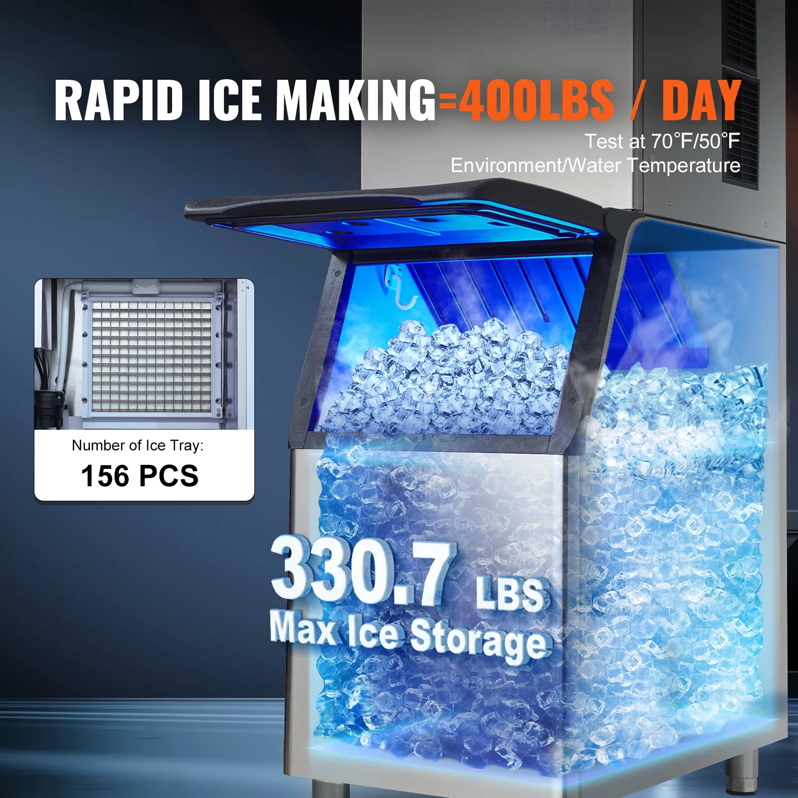 BENTISM Commercial Ice Maker 400lbs/24H, 330LBS Large Storage Bin, ETL Approved, Clear Cube, Advanced LCD Panel, SECOP Compressor, Air Cooled