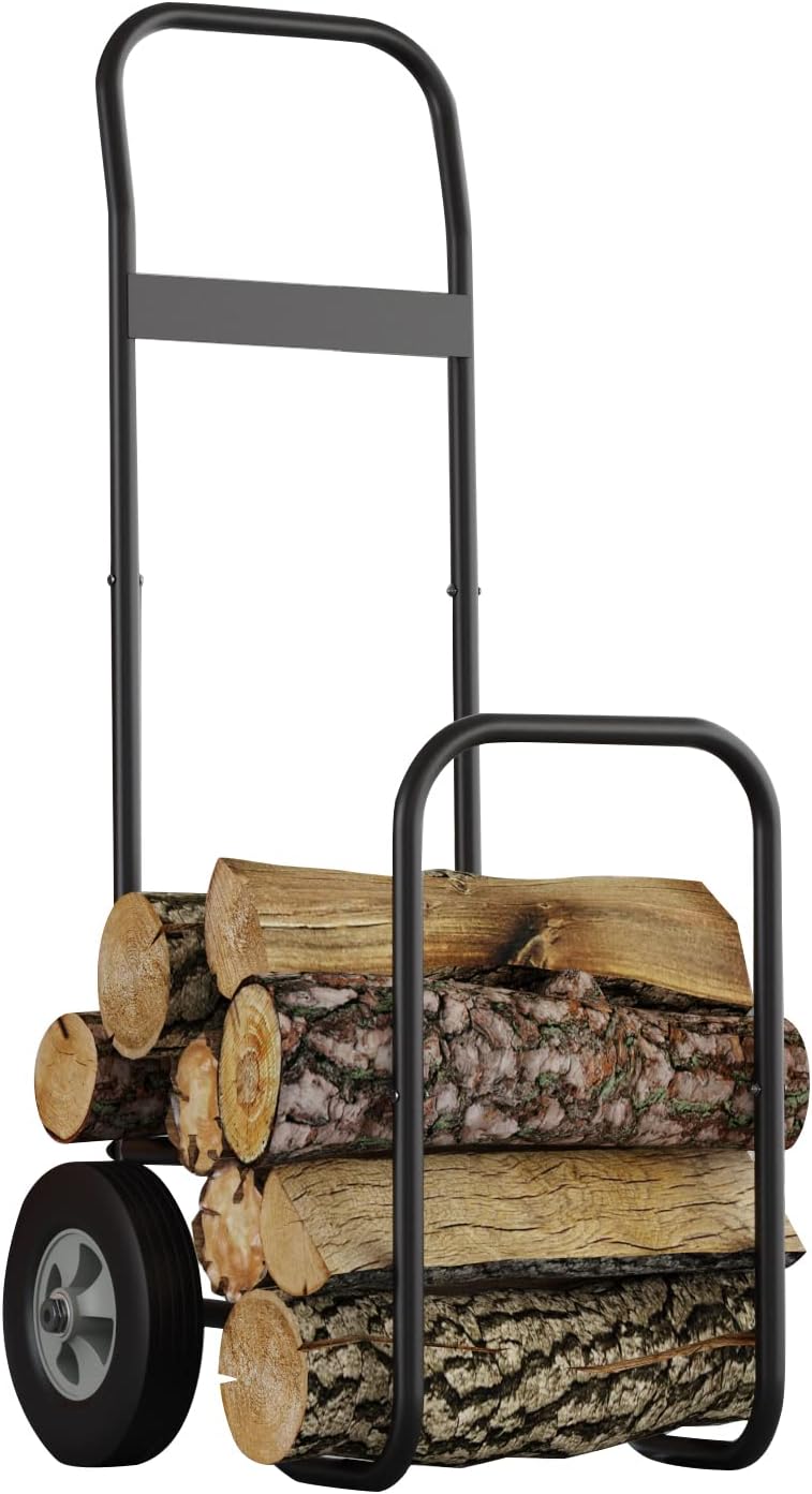 Fire Beauty Firewood Log Cart Carrier, Outdoor and Indoor Wood Rack Storage Mover, Rolling Dolly Hauler