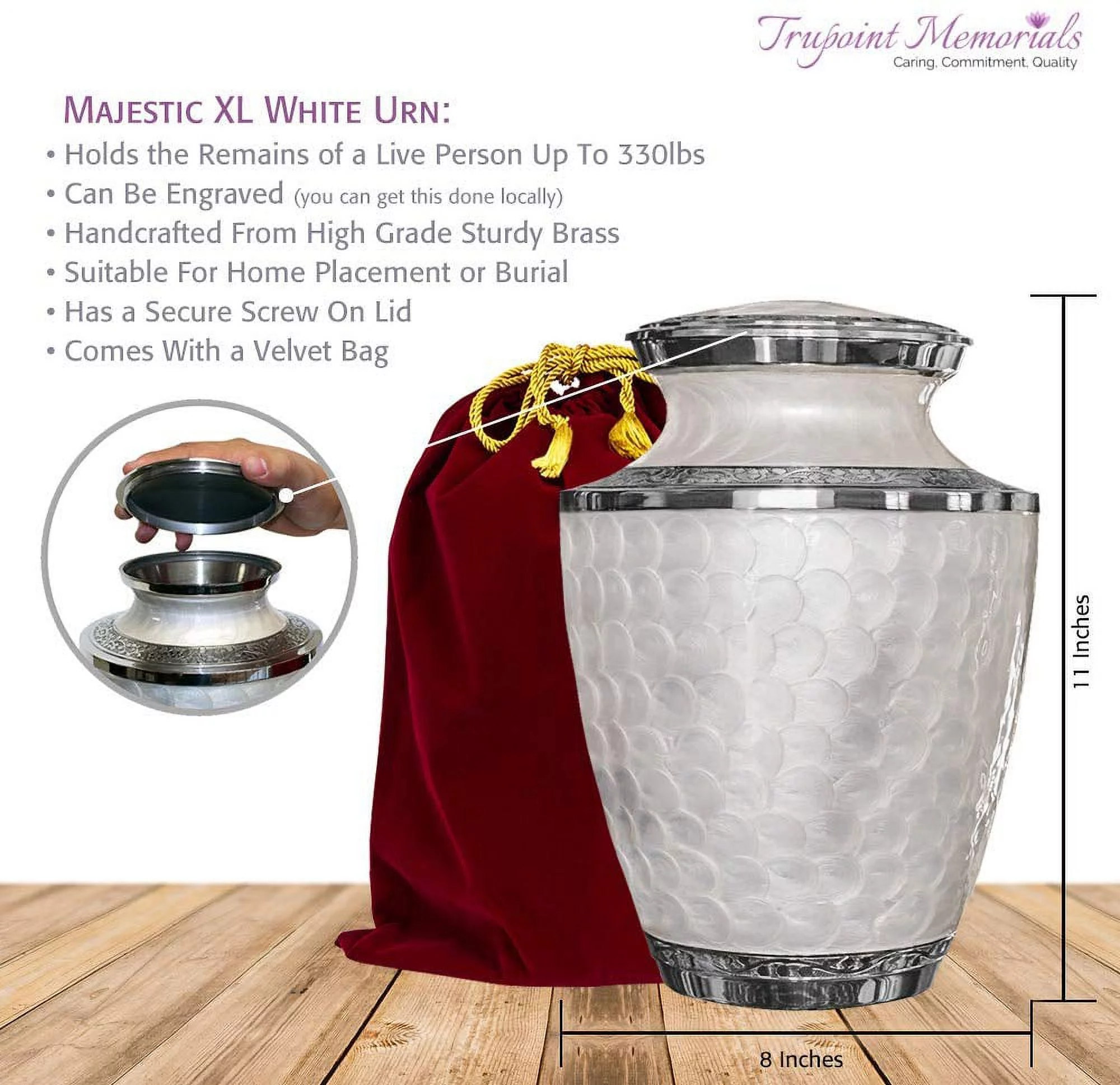 Trupoint Memorials Majestic Extra Large White Adult Cremation Urn for Human Ashes, up to 330 lb Person with Velvet Bag