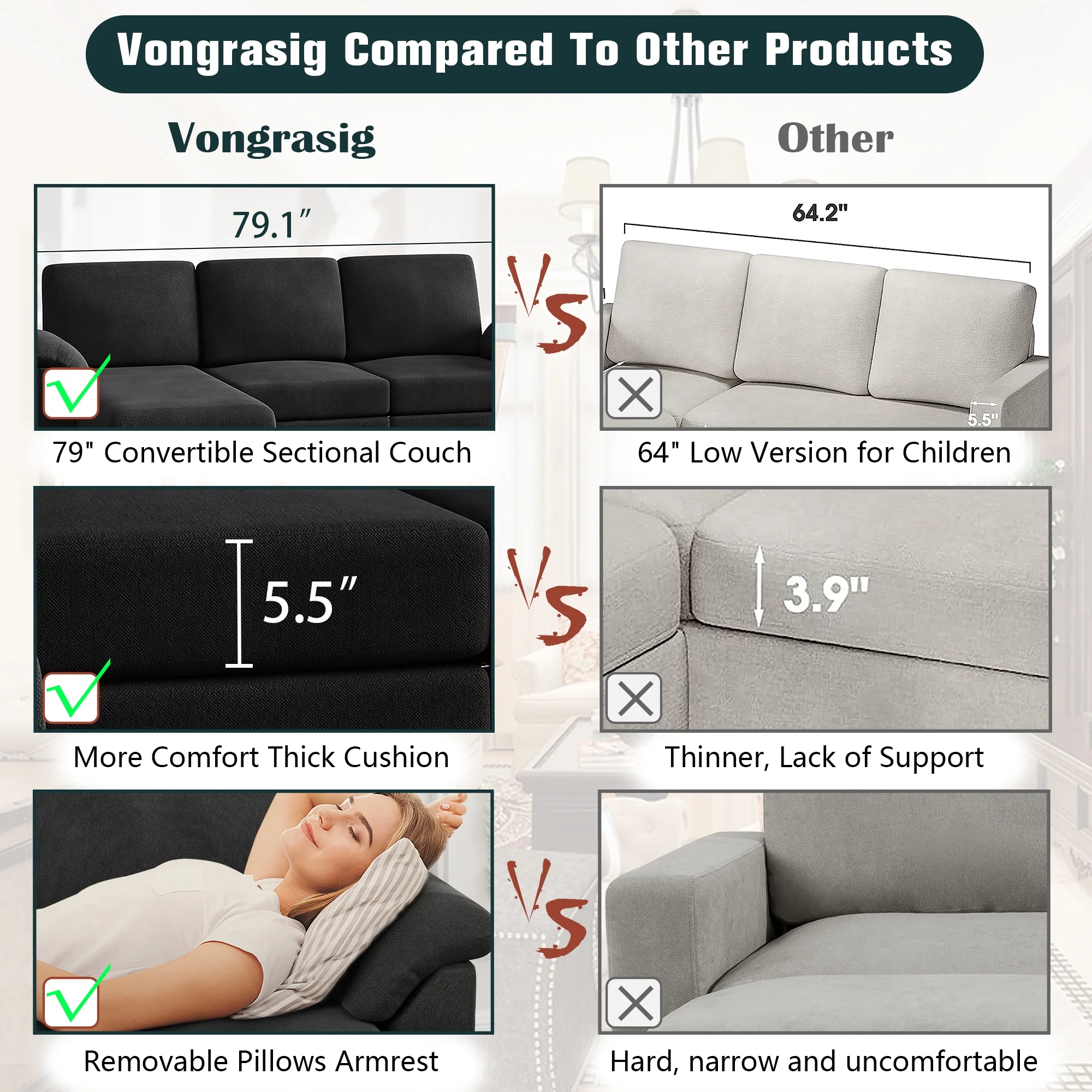 Walsunny 79 Convertible Sectional Sofa Couch,Linen Fabric L Shaped Sofa with Removable Pillows Dark Gray
