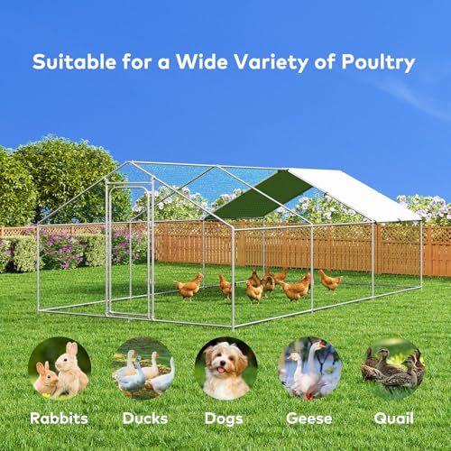 Large Metal Chicken Coop Walk-in Poultry Cage with Waterproof and UV-Resistant Cover, Outdoor Chicken Run Poultry Hen House for Backyard Farm Use