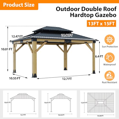 12'x12' Hardtop Gazebo, Outdoor Double Roof Galvanized Steel Gazebos, Aluminum Frame Permanent Pavilion with Curtains & Netting for Backyard, Patio