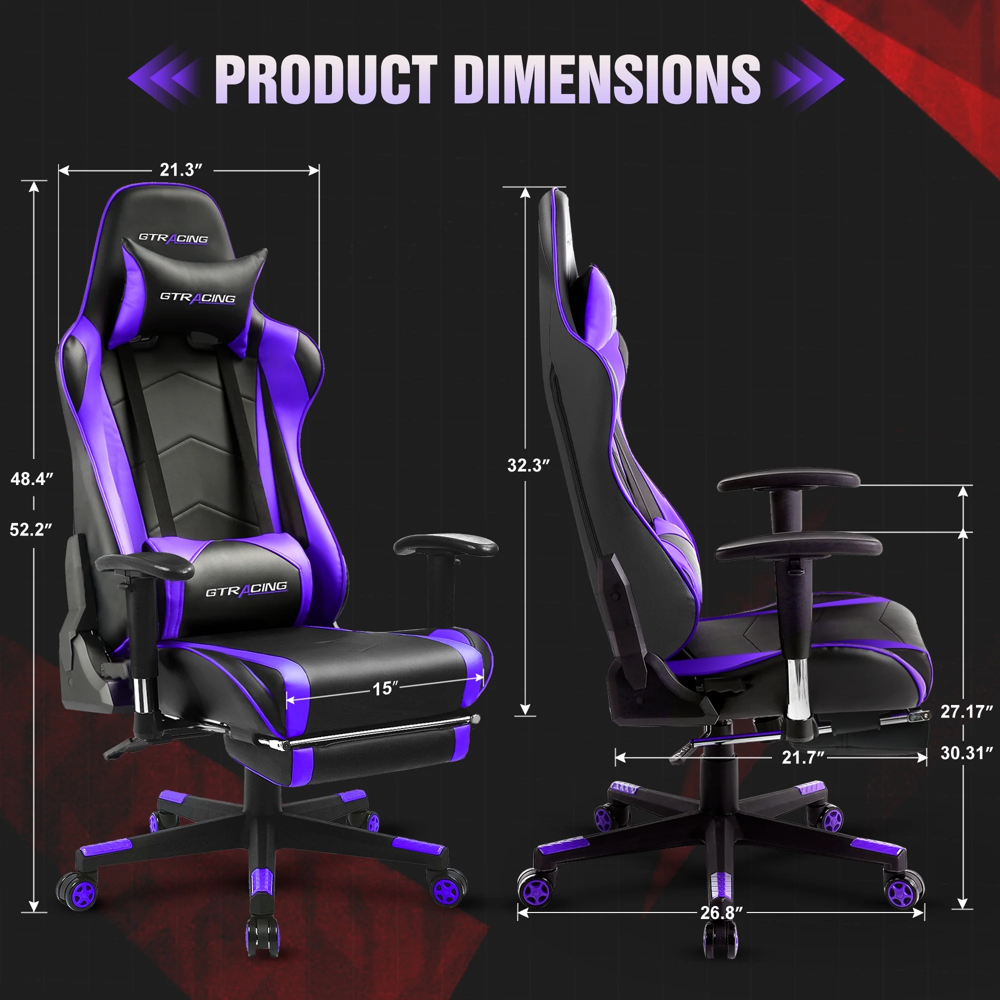 GTRACING Gaming Chair with Footrest PU Leather Office Chair with Adjustable Headrest, Purple - Radiant Selections