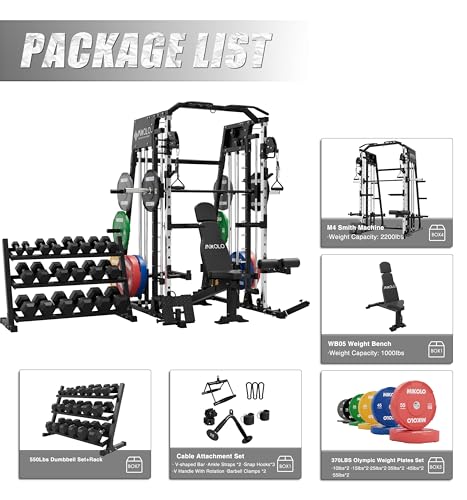 Mikolo Smith Machine, 2200lbs Squat Rack with LAT-Pull Down System & Cable Crossover Machine, Training Equipment with Leg Hold-Down Attachment