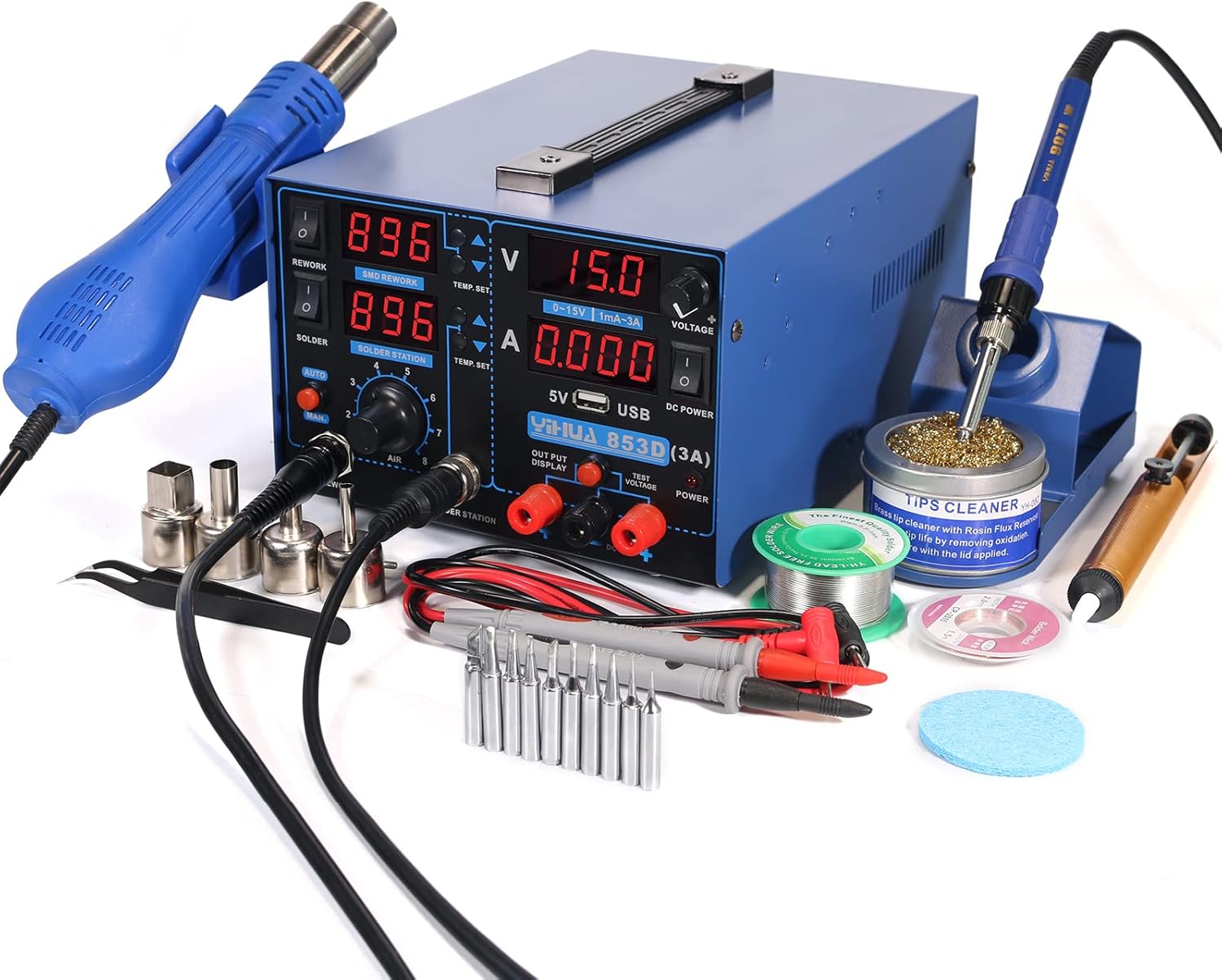 YIHUA 853D USB 3A-Three Tools- Soldering Station, Hot Air Rework Station and Power Supply 0~3A, 0-15V with output and test modes. Also oC/��F display