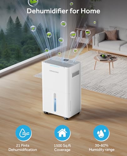 21 Pints Dehumidifier for Basement - 1500 Sq.ft Dehumidifiers for Home, Bedroom & Bathroom with Continuous Drain Hose, Intelligent Humidity Control