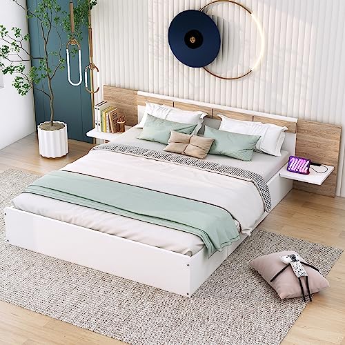 SOFTSEA Full Murphy Bed Wall Beds, Wood White Cabinet Bed 61.5” Foldable Platform Bed with Shelf for Guest Room