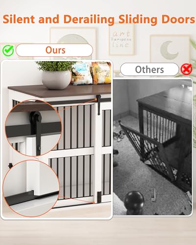 Piskyet 84.5" Double Medium Dog Crate Furniture,Heavy Duty Farmhouse Style Tv Stand Dog Kennel with Drawer and Cabinet