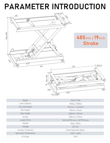 DIHOOL Electric Scissor Lift Table 350Lbs, 195-680MM Height Adjustable Electric Lifting Platform