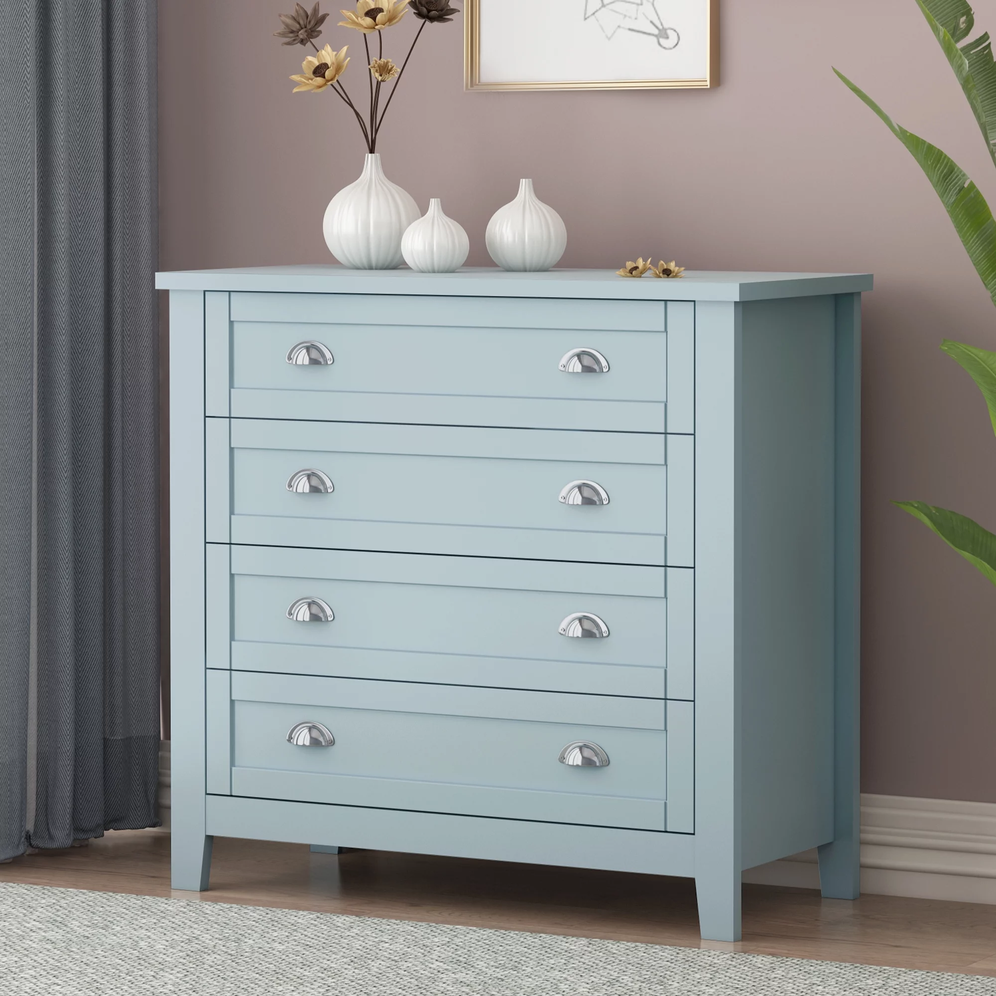 Antique Blue 4 Drawers Vertical Dresser,Wooden Chest of 4 Drawers for Bedroom