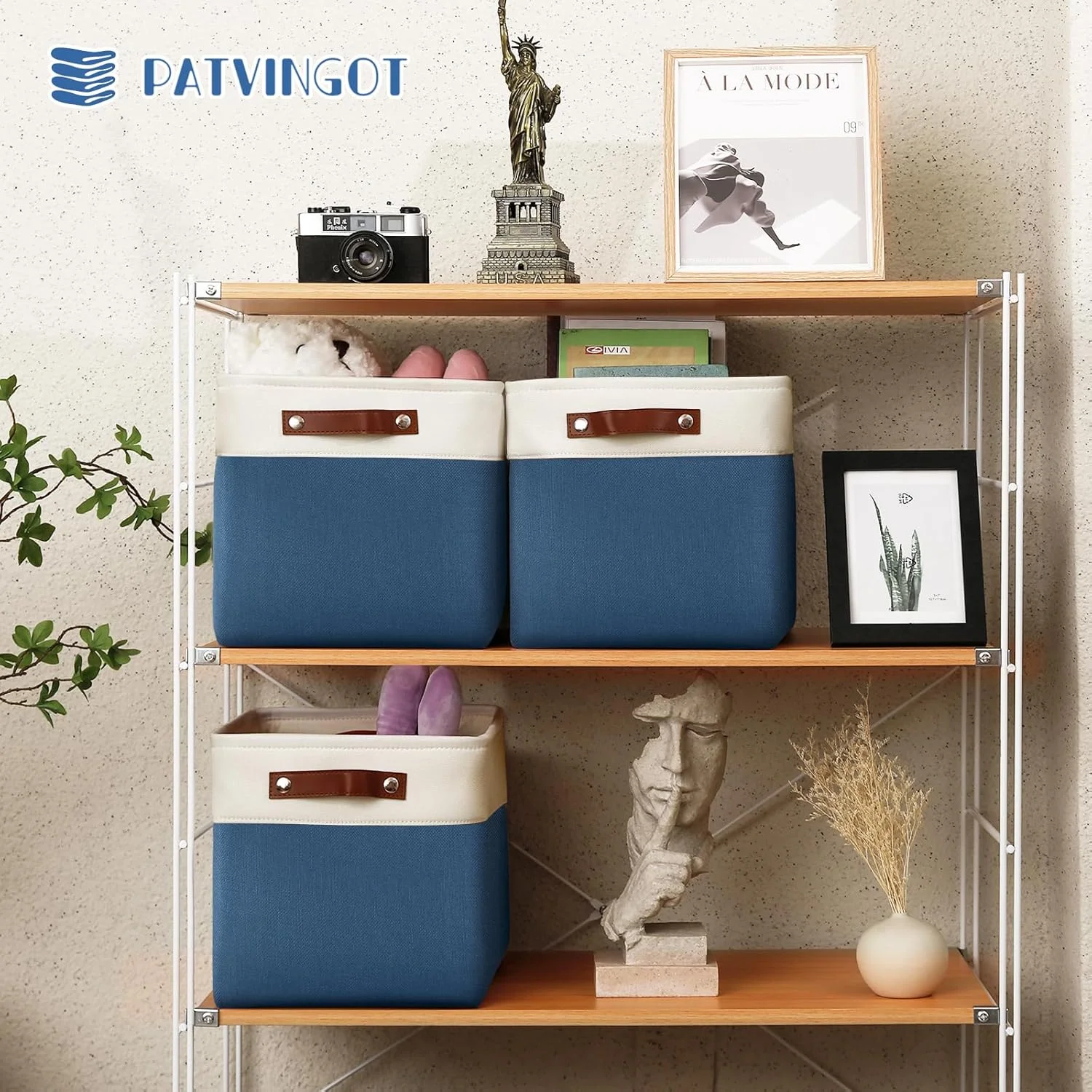 Collapsible Fabric Cube Storage Bins 11x11×11, Pack of 6 Closet Basket Boxes with PU Handles for Organizing Shelves, Toys, Clothes, Home, Laundry