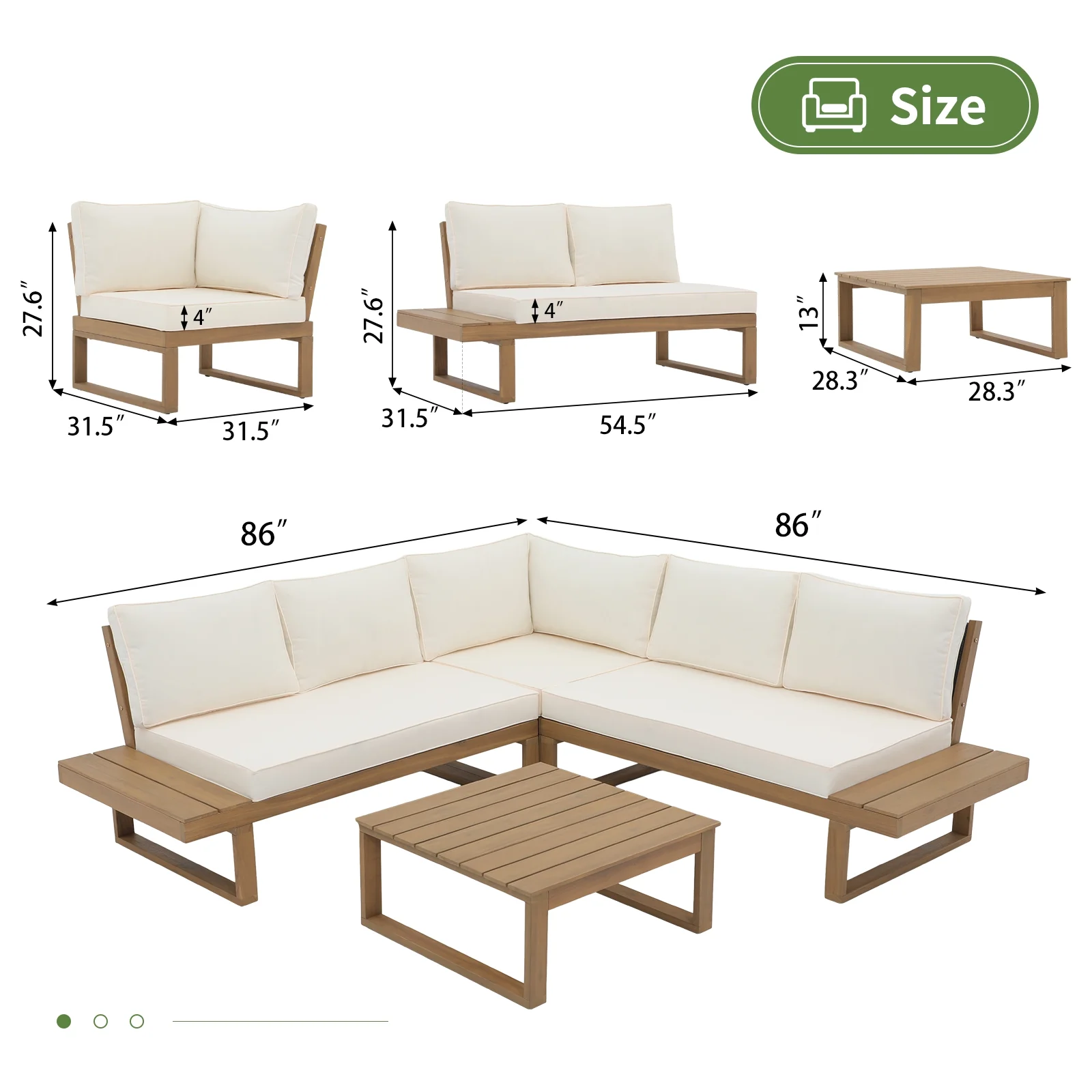 OC Orange-Casual Outdoor 4-Piece Acacia Wood Furniture Set, All-Weather Patio Sectional Sofa Set, Rope Lounge Couch with Wood Table