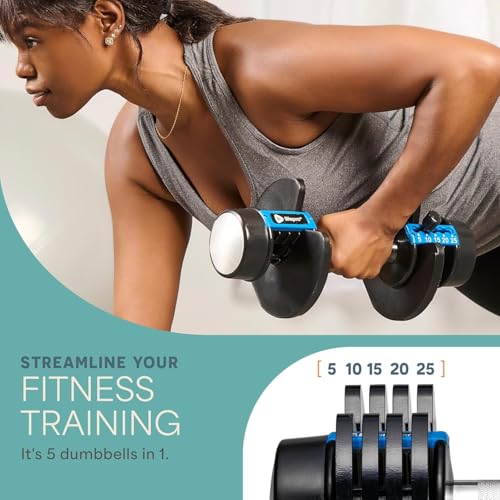 Lifepro Adjustable Dumbbells Set - 5in1-15lb 25lb 43lb 55lb weights Set & Single with Rack - Quick Adjust, Secure Grip