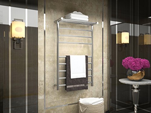 ANZZI Eve 8 Bar Wall Mounted Towel Warmer with Top Shelf in Brushed Nickel, Energy Efficient 93W Electric Plug in Heated Towel Rack for Bathroom