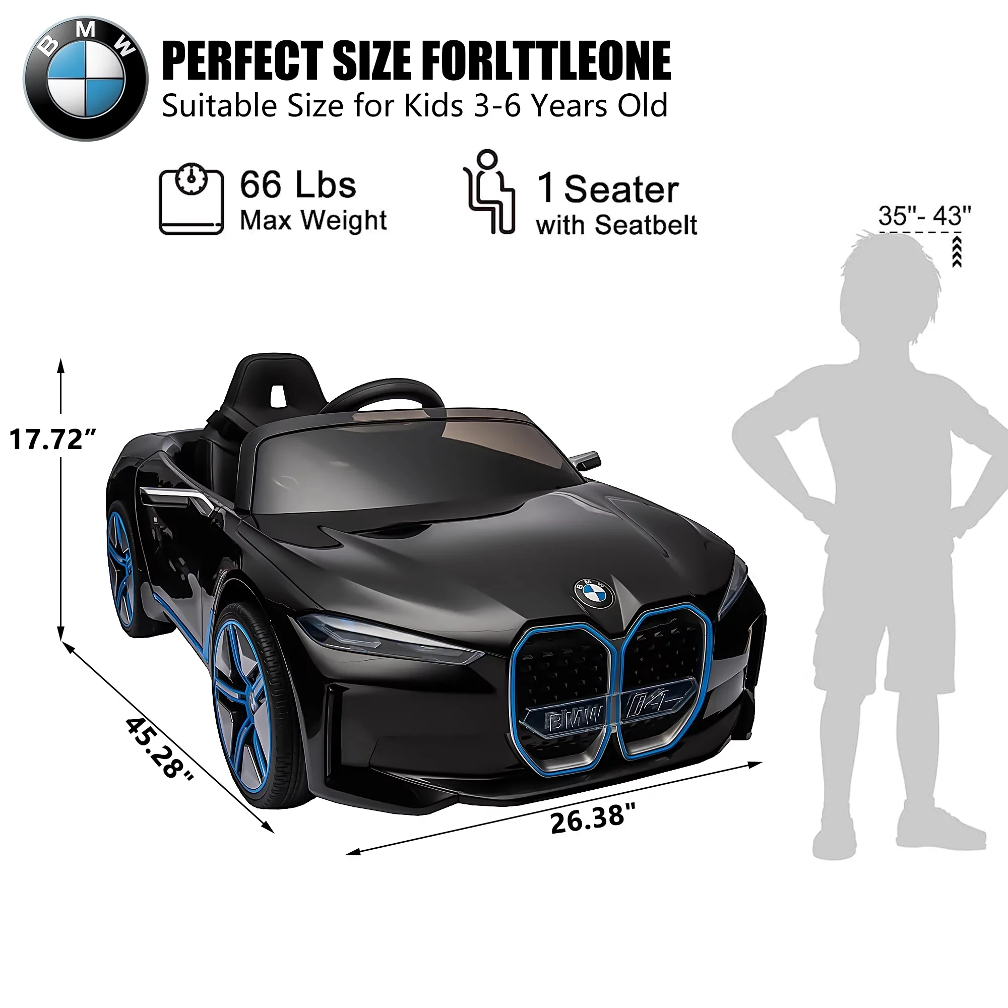 BMW i4 12V Kids Electric Ride-On Car with 2.4G Remote Control, Battery Powered Electric Vehicle Toys Car for 3-8 Years Old, Safety Belt, LED Lights