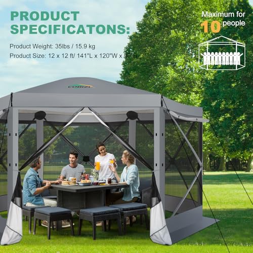 COBIZI 12x12ft Pop up Gazebo Screen Tent Screen House for Camping, Camping Outdoor Screened Gazebo, Canopy Tent