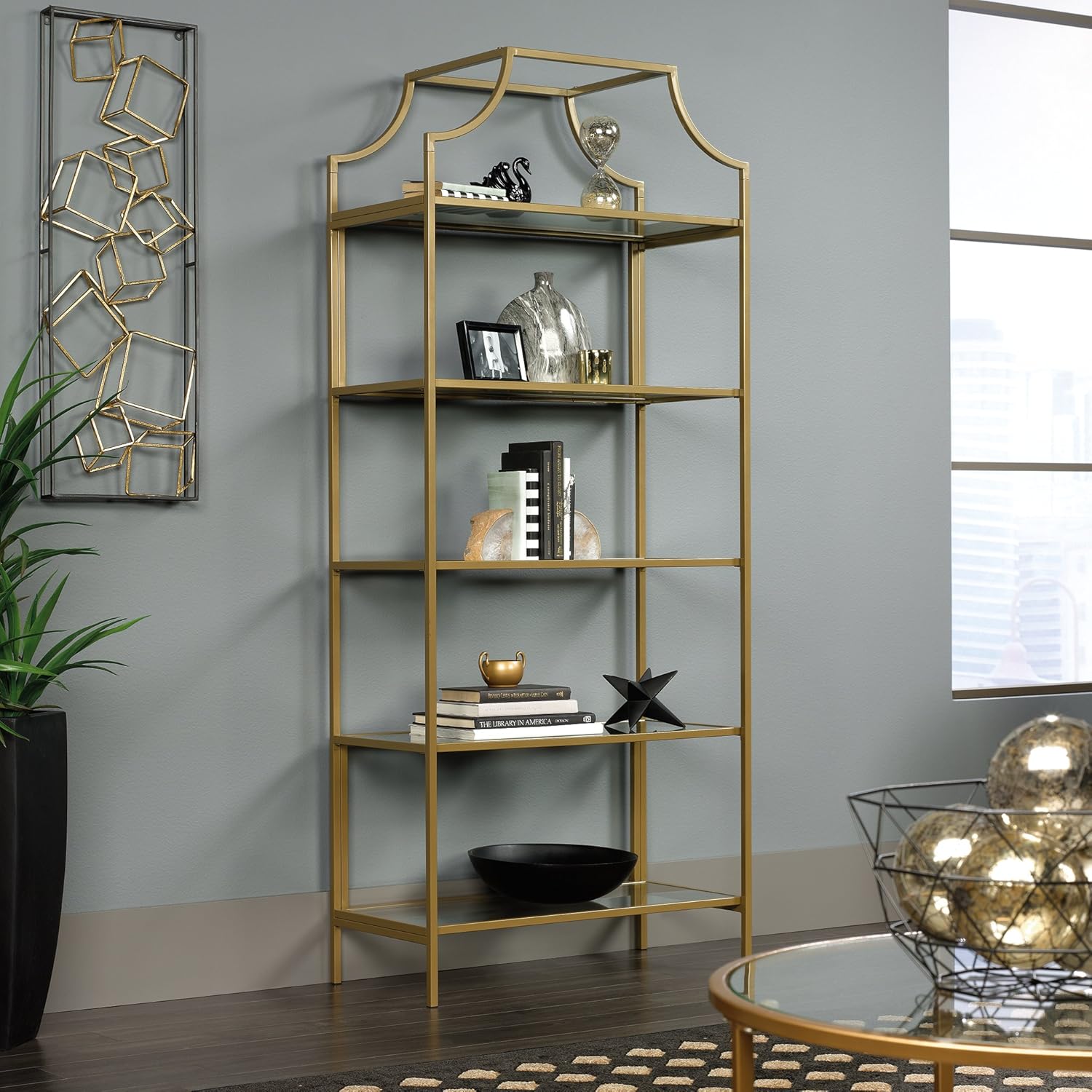 Sauder International Lux Bookcase/ book shelf, Satin Gold finish