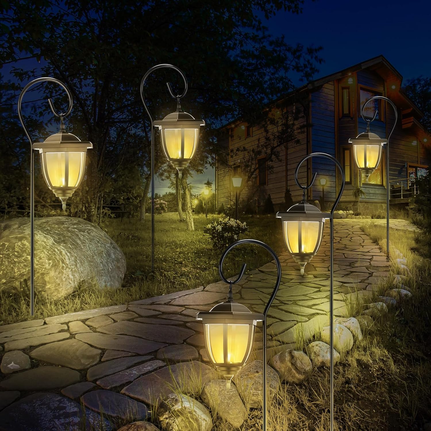 6 Pcs 32" Hanging Solar Lantern Lights with Dual Use Shepherd Hooks Outdoor LED Garden Lanterns Decorative Waterproof Pathway Hanging Lights Solar