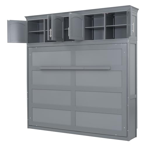 Full Size Murphy Bed with Drawers, Cabinets and USB Ports,Wood Murphy Bed Cabinet Bed Removable Shelves
