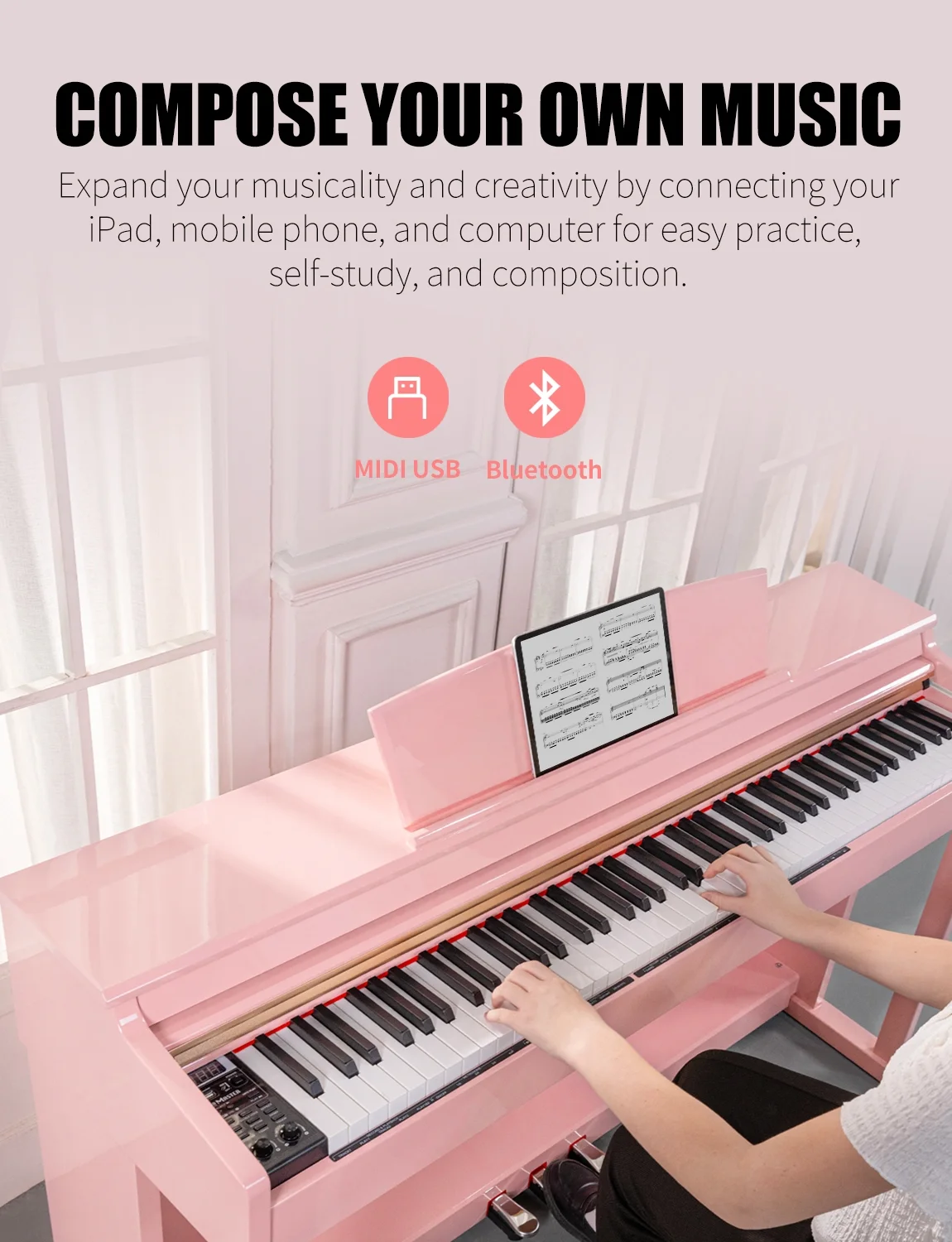 UMP-100 88 Key Weighted Keyboard Piano with Furniture Stand｜Power Adapter｜Triple Pedal & MIDI Connecting
