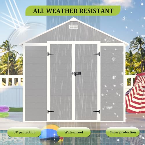 8x8 FT Outdoor Resin Storage shed - Waterproof Garden Sheds with Vents, Lockable Double Doors and Windows for Lawn, Backyard, Patio, Tool Storage Use
