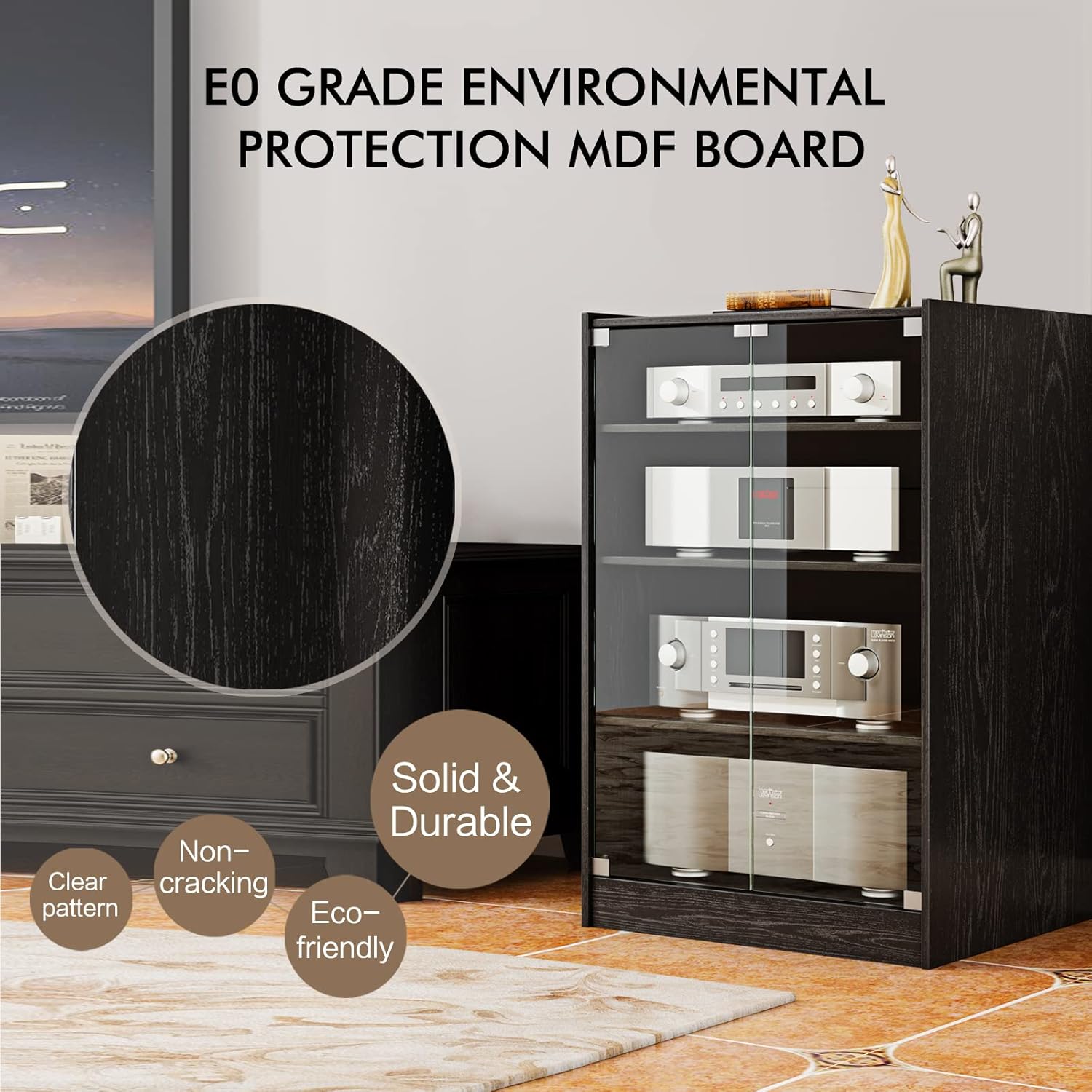 Media Storage Cabinet with Height Adjustable, 4-Tier Shelves Audio Video Media Stand Cabinet, Modern AV Cabinet with Glass Doors