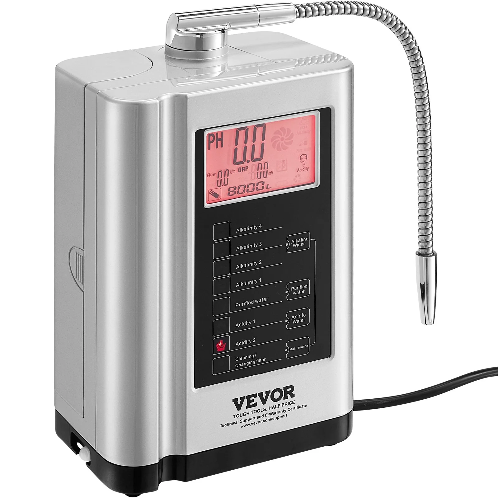 VEVOR Alkaline Water Ionizer Machine, pH 3.5-10.5, 7 Water Settings, -550mV ORP, 8000L Per Filter, Auto-Cleaning