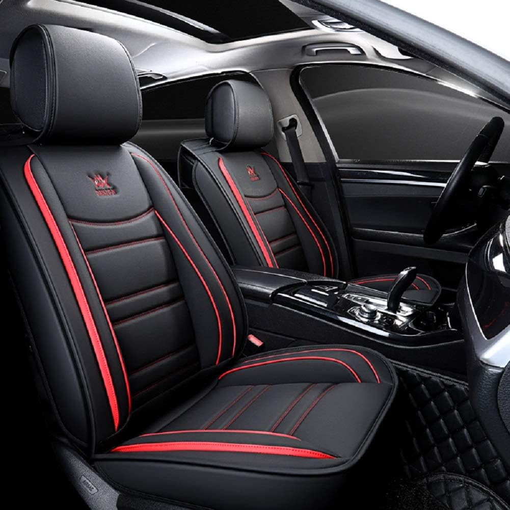 OUTOS Luxury Leather Auto Car Seat Covers 5 Seats Full Set Universal Fit(Black-White)
