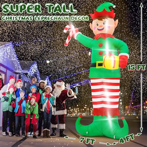 15FT Christmas Inflatables, Giant Inflatable Santa Claus Holding Gift Bags, Blow Up Christmas Santa Claus with 8pcs LED