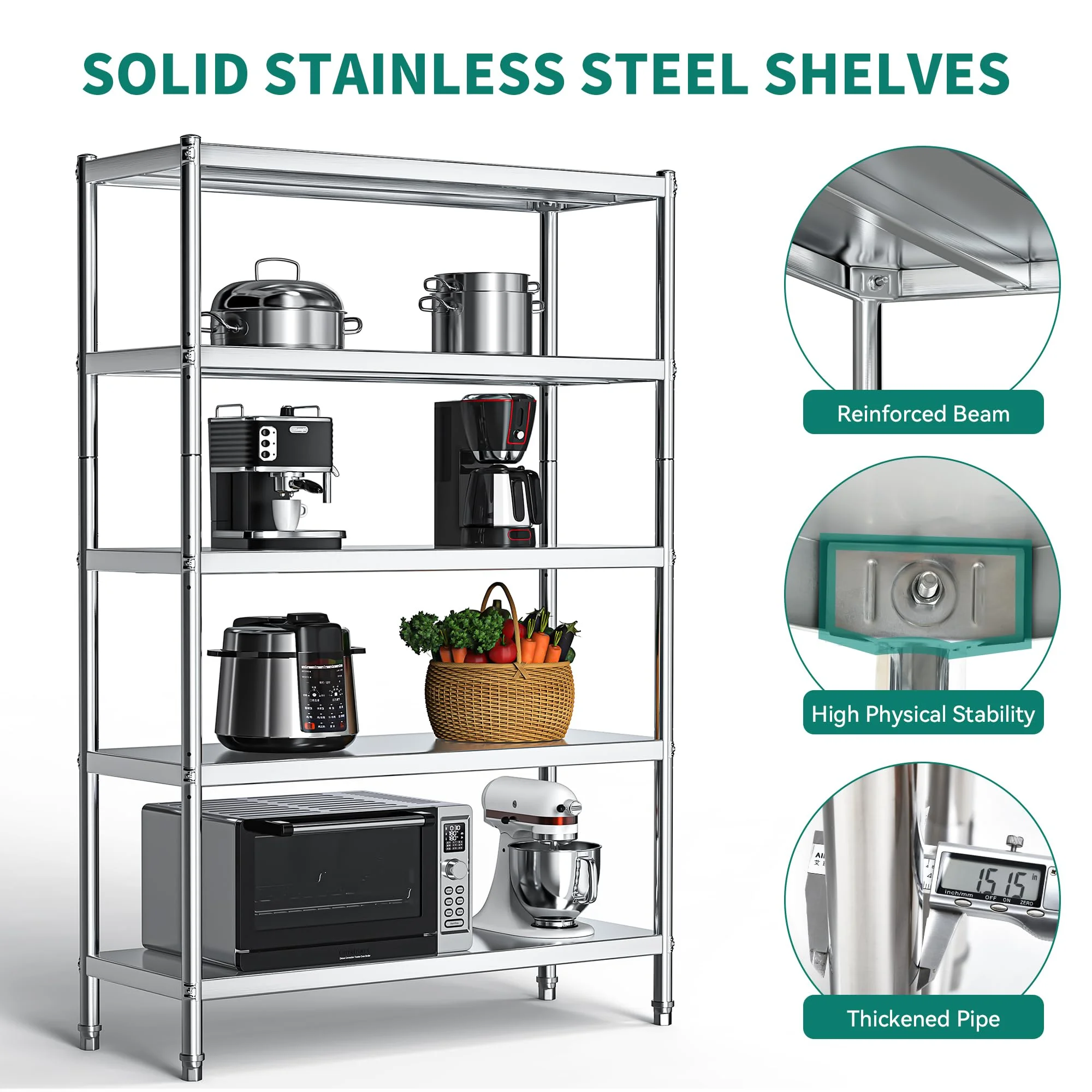 Dextrus Stainless Steel Shelves, 48"*18"*72" 5 Tier Storage Shelf, Heavy Duty Shelving for Kitchen Garage Office Restaurant Warehouse