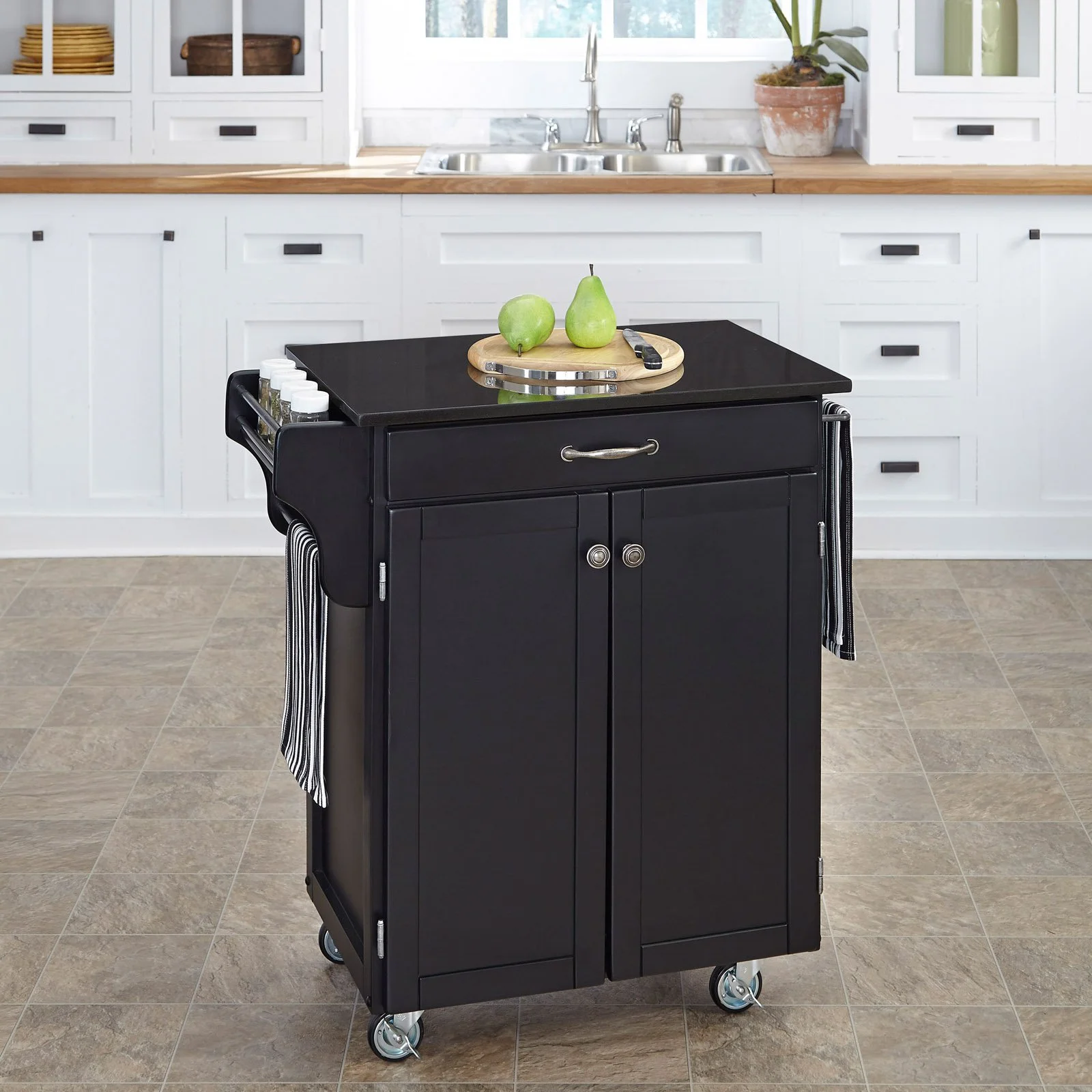 Homestyles Cuisine Cart Off White Wood Kitchen Cart-Finish:White,Option:Stainless Steel