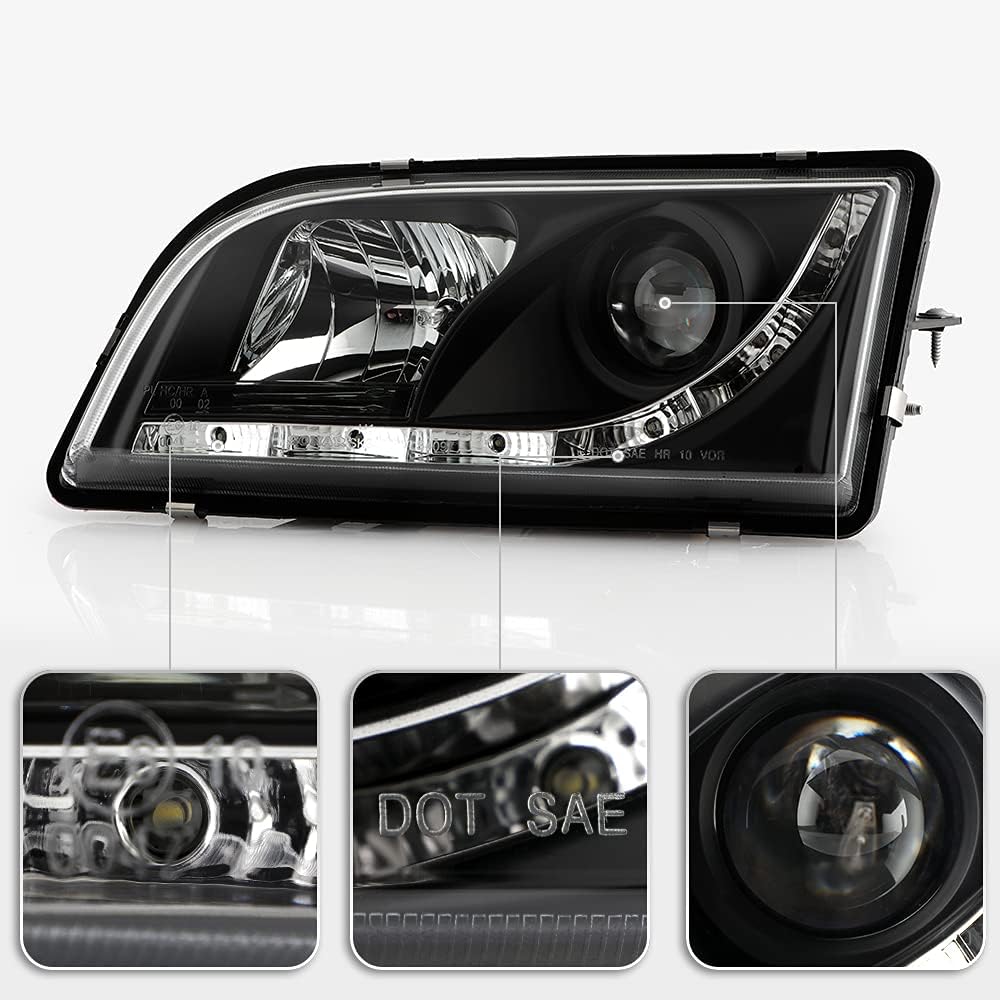 ACANII - For 2000-2003 Volvo S40 V40 LED DRL Black Housing Projector Headlights Headlamps, Driver & Passenger Side