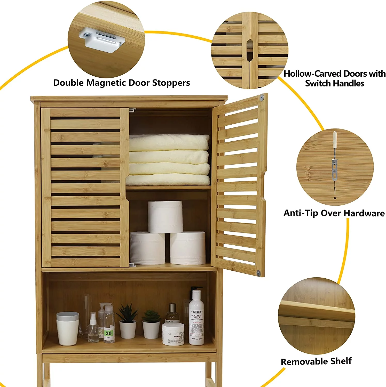 Bamboo Over-The-Toilet Storage Cabinet Bathroom Organizer with Shelf and Cupboard, Freestanding Small Over The Toliet Cabinet, Space Save, Natural