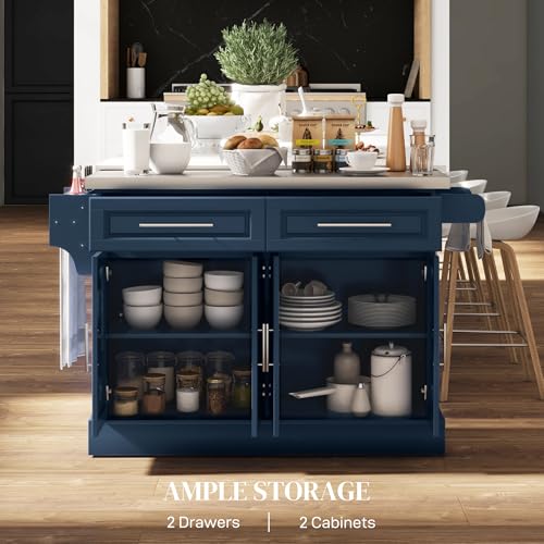 HOMCOM Rolling Kitchen Island Cart with Wheels, Portable Island Table for Kitchen with Stainless Steel Top, Adjustable Shelves, 2 Drawers, Spice