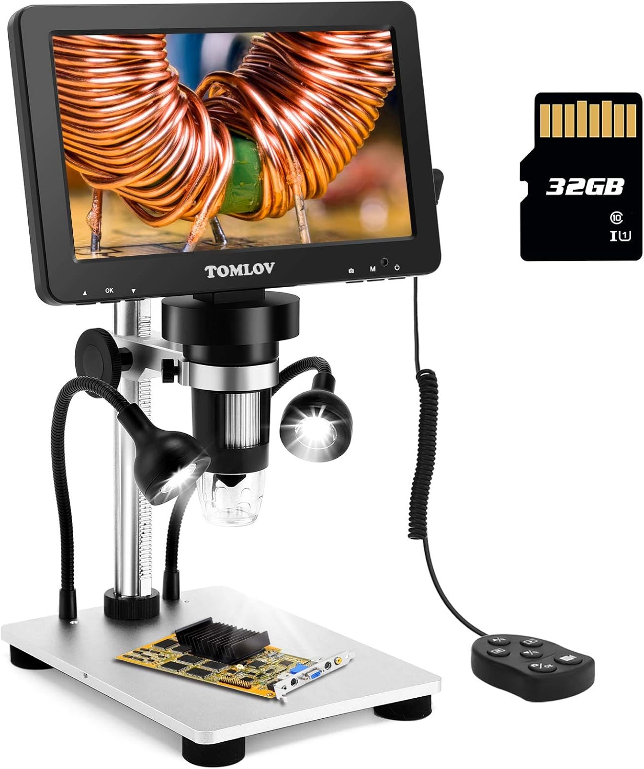 TOMLOV DM9 7" LCD Digital Microscope 1200X, 1080P Video Microscope with Metal Stand, 12MP Ultra-Precise Focusing, LED Fill Lights, PC View