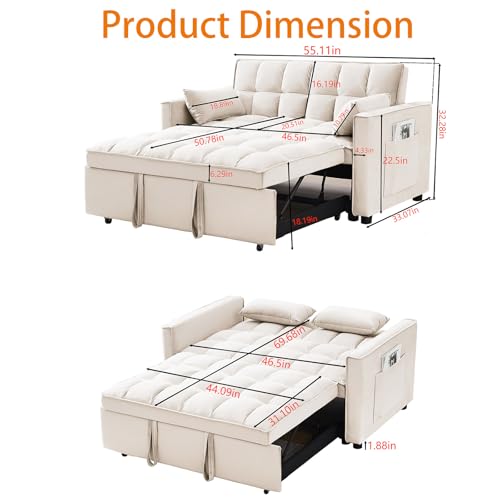 OUMAX Sleeper Sofa Bed,3 in 1 Convertible Futon Sofa Couch Pull out Bed,Love Seat Lounge Sofa with Reclining Backrest