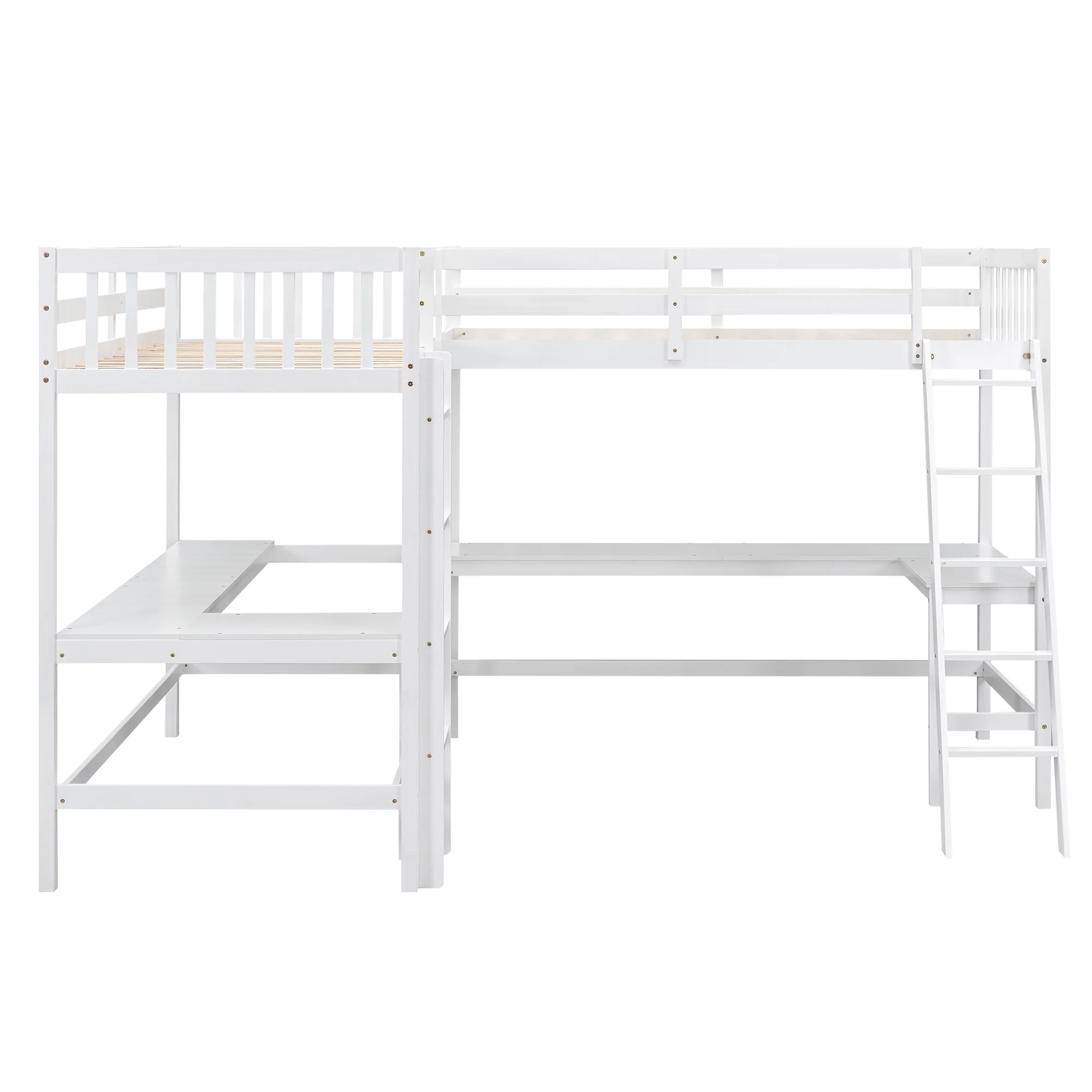 Euroco Twin Size L-Shaped Wood Loft Bed with Built-in Desks, 2-in-1 Loft Bed for Kids Teens Adults, White