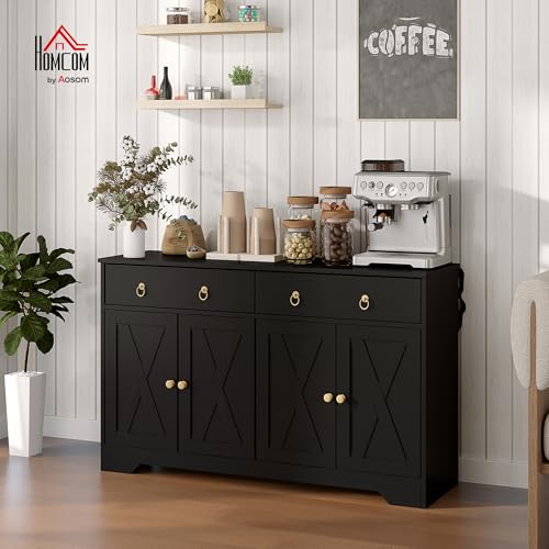 HOMCOM 48" Sideboard Buffet with Storage, Kitchen Storage Cabinet with 2 Drawers and 4 Barn Doors