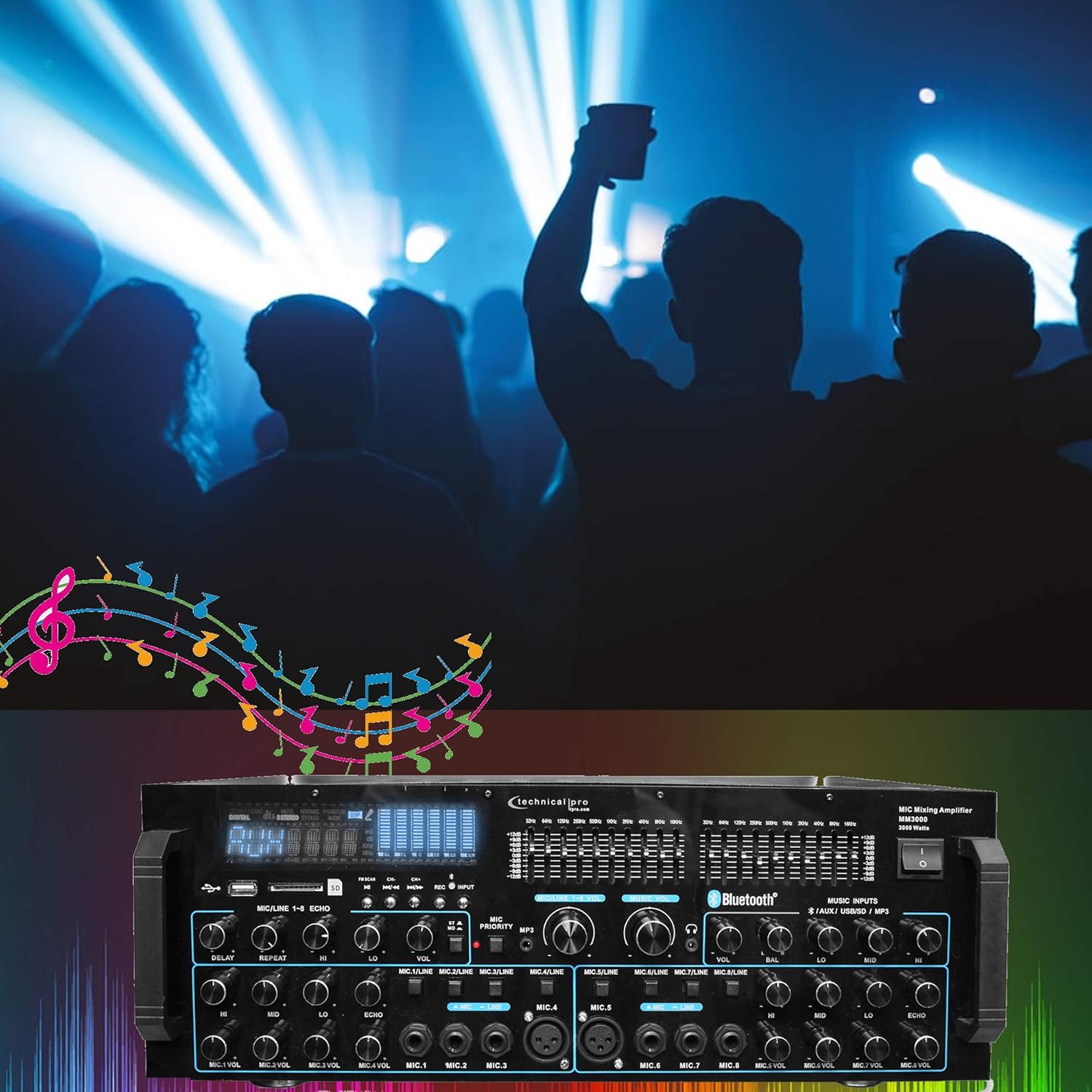 Technical Pro 3000 Watts Professional Mic Mixing Amplifier w/USB SD Card Inputs, Bluetooth Compatibility, Built-in Dual 10 Band Equalizers