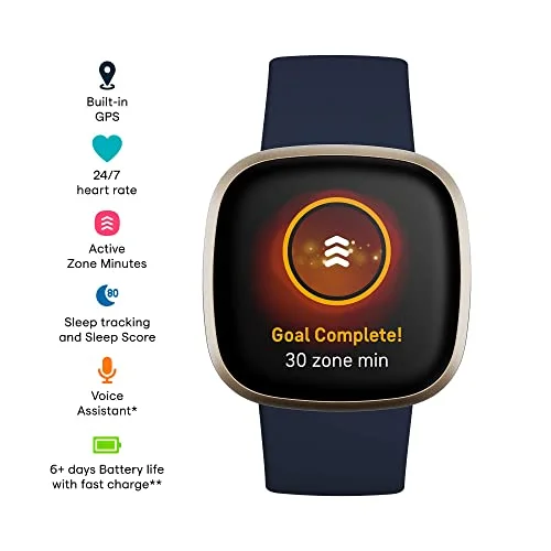 Fitbit Versa 3 Health & Fitness Smartwatch with GPS, 24/7 Heart Rate, Alexa Built-in, 6+ Days Battery, Midnight Blue/Gold