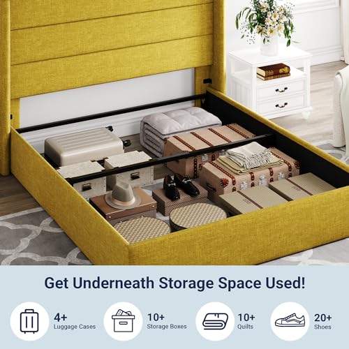 Allewie Full Size Lift Up Storage Bed, Modern Wingback Headboard, Hydraulic Support, No Box Spring Needed, Light Beige