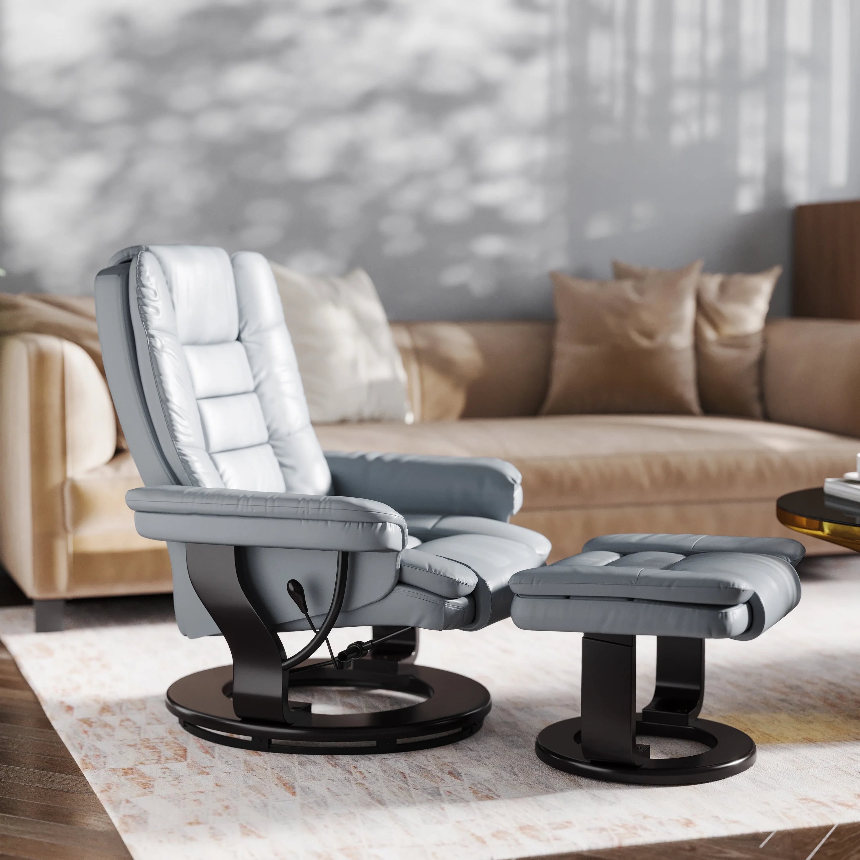 Emma + Oliver Contemporary Multi-Position Recliner with Horizontal Stitching and Ottoman with Swivel Mahogany Wood Base in Gray Faux Leather