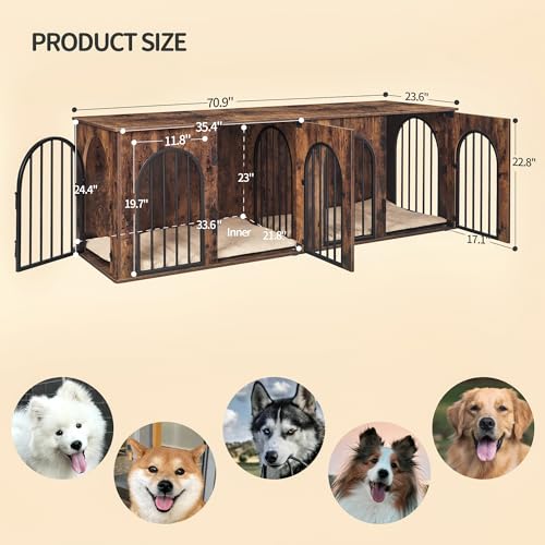 71" Dog Crate Furniture for 2 Dogs, Heavy Duty Indoor Dog Kennel TV Stand, XXL Wooden Dog Cage with Divider for Medium Large Dogs