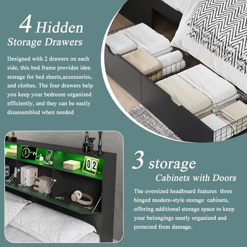 Queen Bed Frame with 47" Storage Headboard, Queen Size Wood Bed Frame with 4 Storage Drawers, Built-in Charging Station & LED, Solid Wood Slats