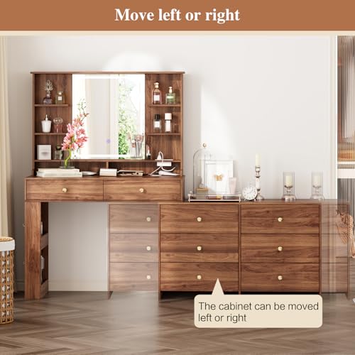 Large Makeup Vanity Desk with Mirror and Lights, Vanity Desk with 8 Drawers & Storage Shelves, Vanity Table with Power Outlet