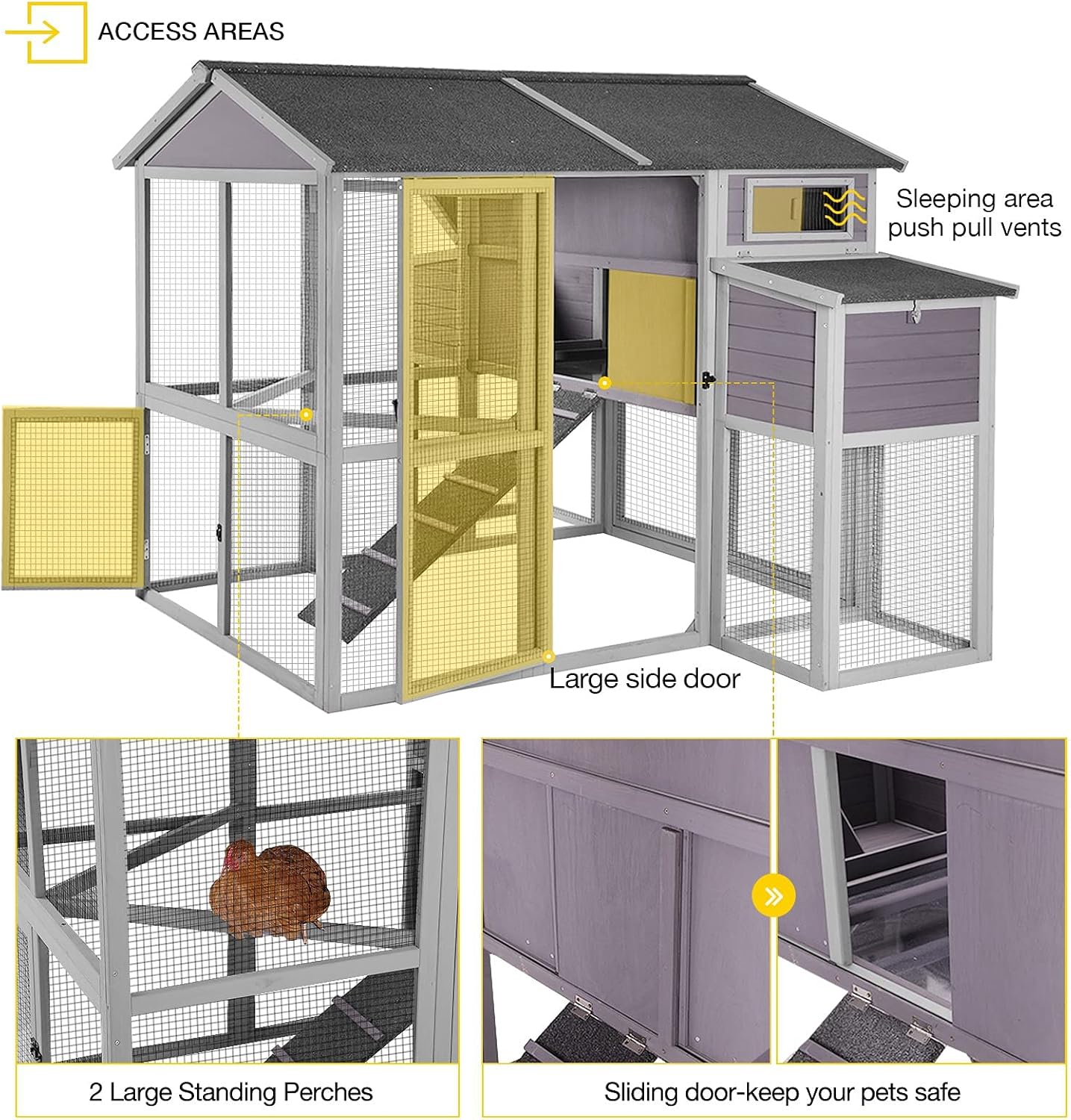 Chicken Coop Multi-Levels Hen House with Run Poultry Cage with Large Nesting Box, Super Large Activity Space